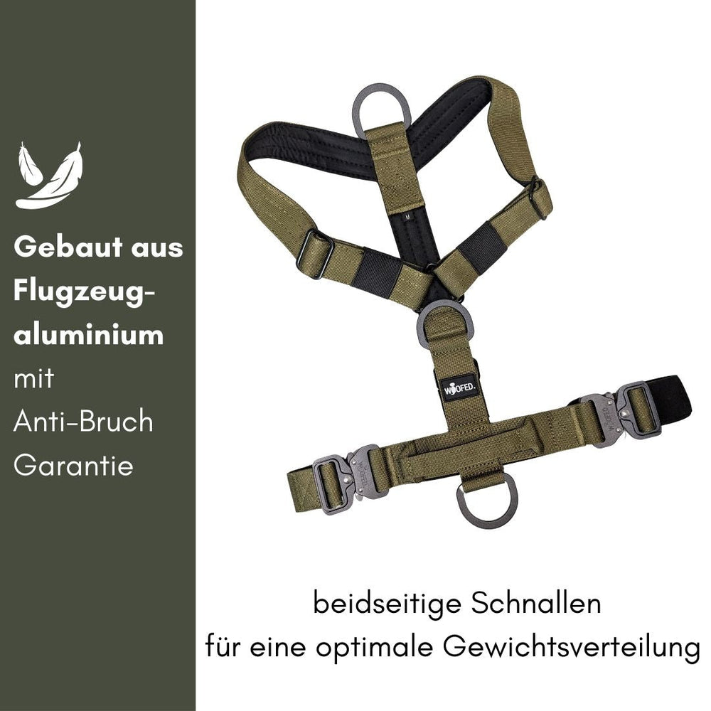 Y-Hundegeschirr aus Flugzeug-Aluminium mit Griff und Anti-Bruch-Garantie in Oliv, sorgt für optimale Gewichtsverteilung.