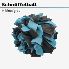 Hundespielzeug Schnüffelball aus weichem Fleece in Blau und Grau, fördert Intelligenz und Nasenarbeit bei Hunden.