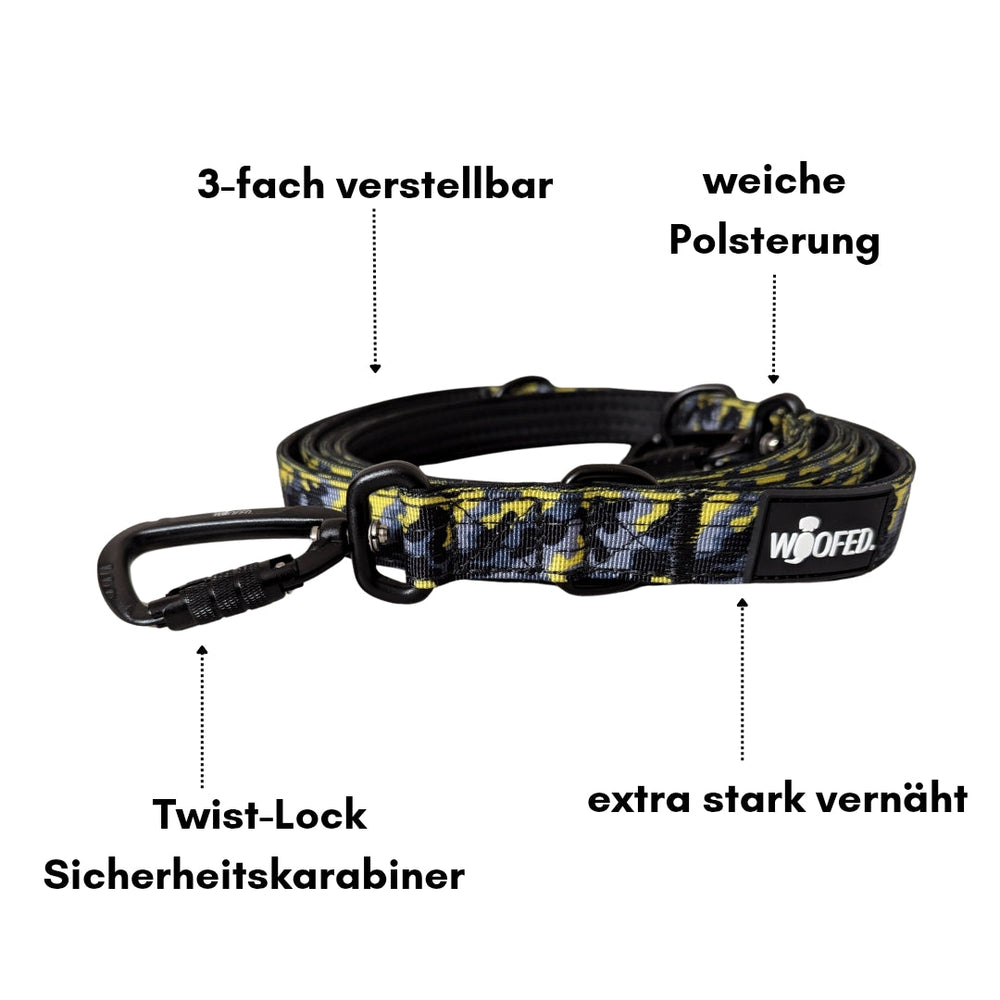 Verstellbare Hundeleine aus Nylon mit weicher Polsterung und Twist-Lock Sicherheitskarabiner, dreifach verstellbar.