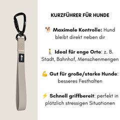 Beige Kurzführer WOOFLEX® mit Karabinerhaken, ideal für enge Orte und starke Hunde, bietet maximale Kontrolle.