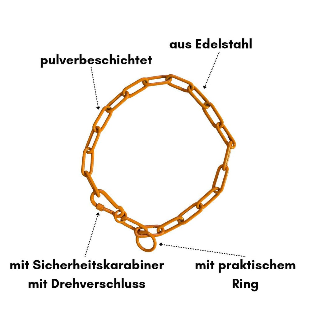 "WooFchain Kettenhalsband aus pulverbeschichtetem Edelstahl in Orange mit Sicherheitskarabiner und praktischem Ring."