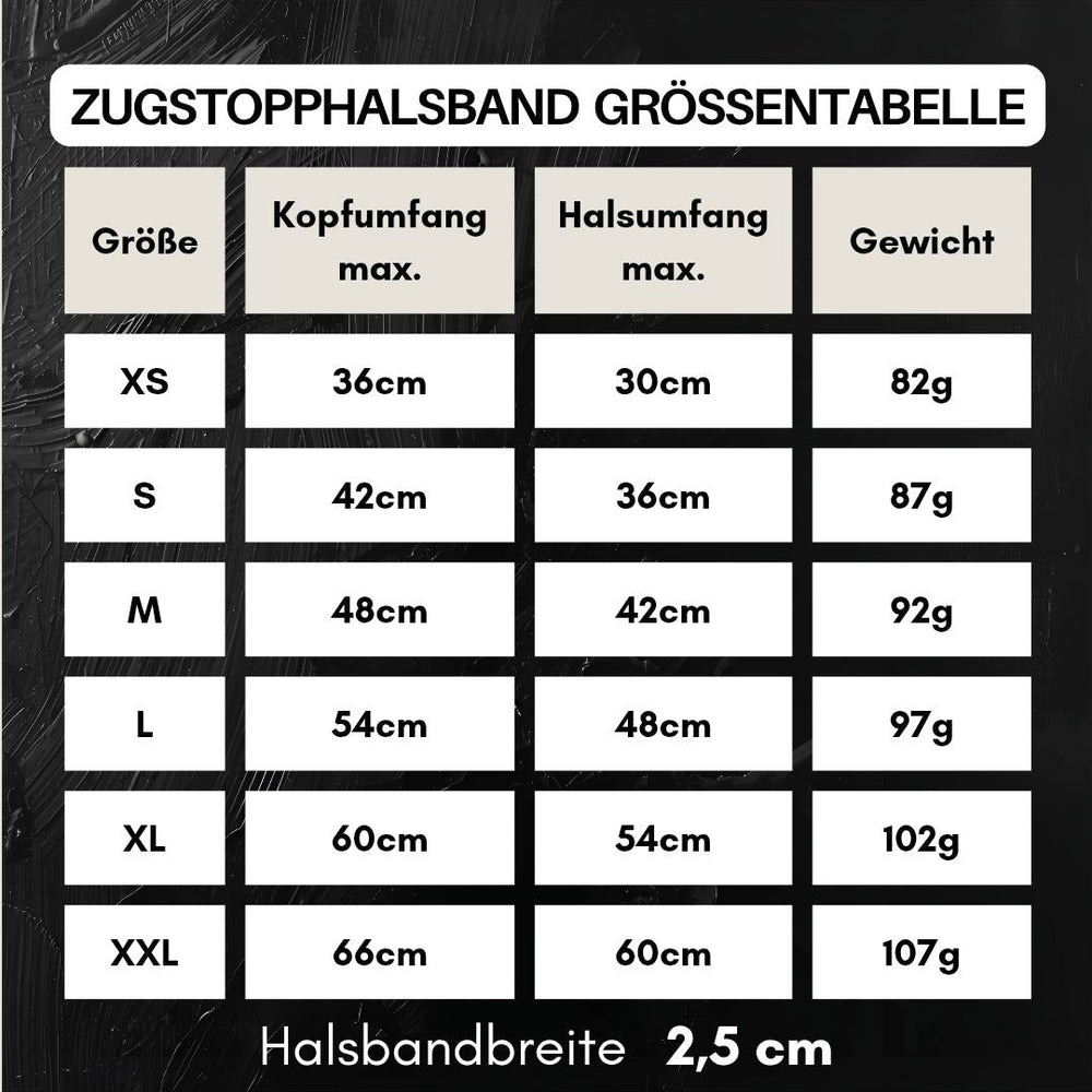 Größentabelle für Zugstopphalsbänder WOOFLEX® mit verschiedenen Größen und Umfangsangaben.