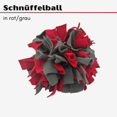 Hundespielzeug Schnüffelball aus buntem Fleece in Rot und Grau zur Förderung des Geruchssinns bei Hunden.
