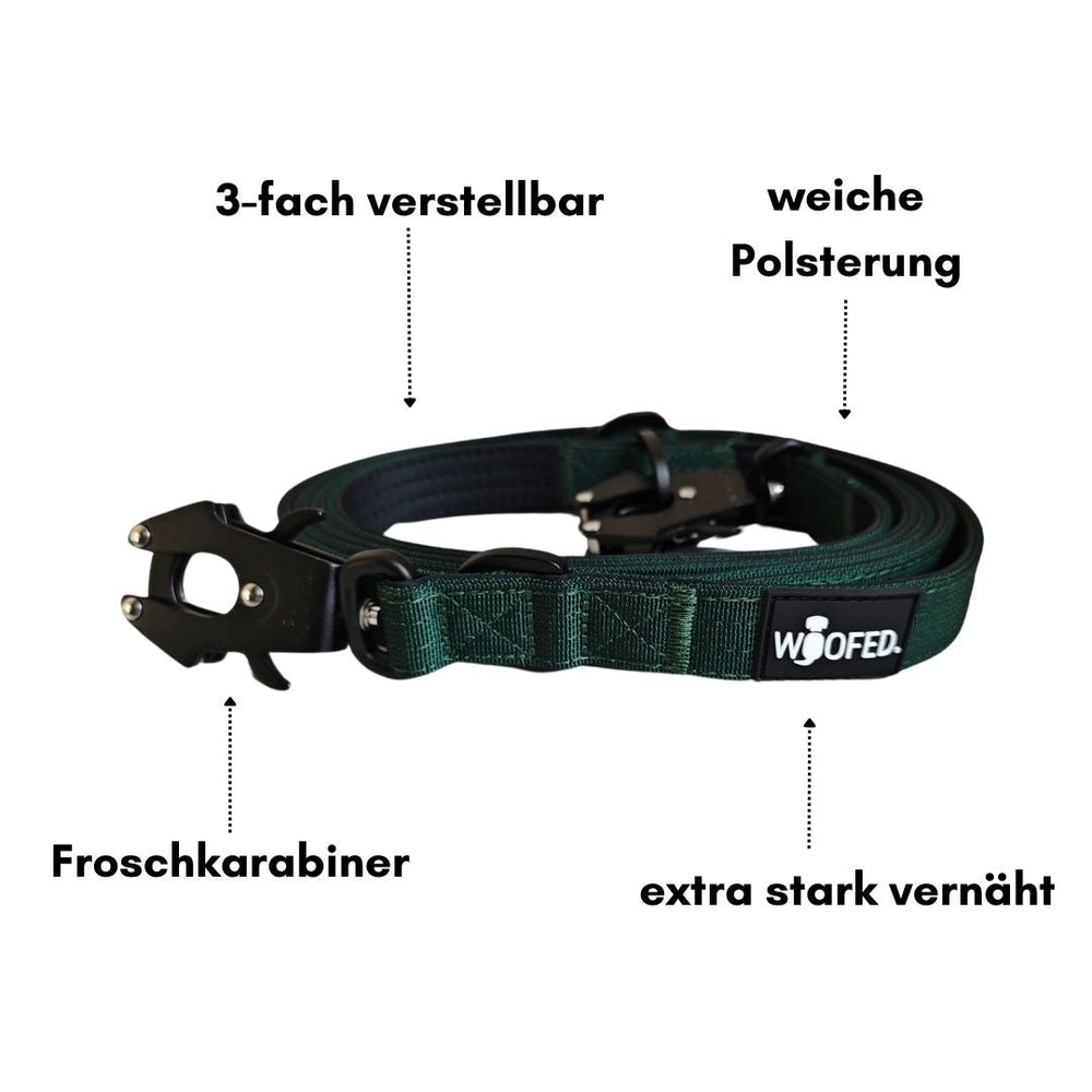 Hundegeschirr in grün, 3-fach verstellbar mit weicher Polsterung und starkem Froschkarabiner. Ideal für sichere Hundespaziergänge.