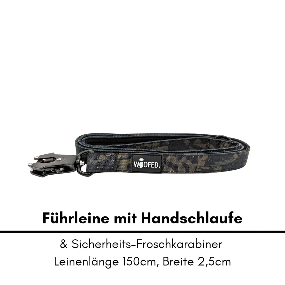 Führleine aus Nylon mit Handschlaufe und Sicherheits-Froschkarabiner, 150 cm lang, 2,5 cm breit, camouflagemuster.