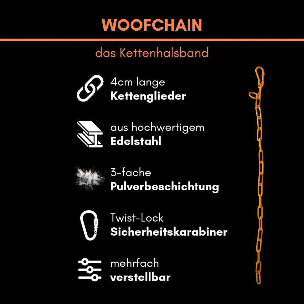 "Woochain Kettenhalsband aus Edelstahl mit hochwertiger Pulverbeschichtung, ideal für stilvolle Hundebesitzer."