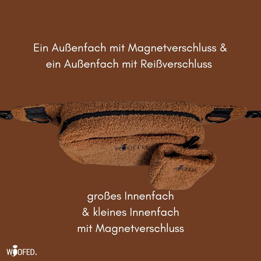 Multifunktionale Gassitasche in Beige-Braun, 2-in-1 Bauchtasche und Schultertasche mit Außenfächern und Innenfächern.
