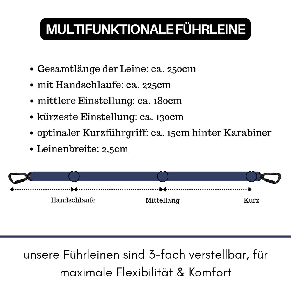 Multifunktionale Nylon-Führleine mit Sicherheitskarabiner, verstellbar auf 180 cm und ideal für Spaziergänge.