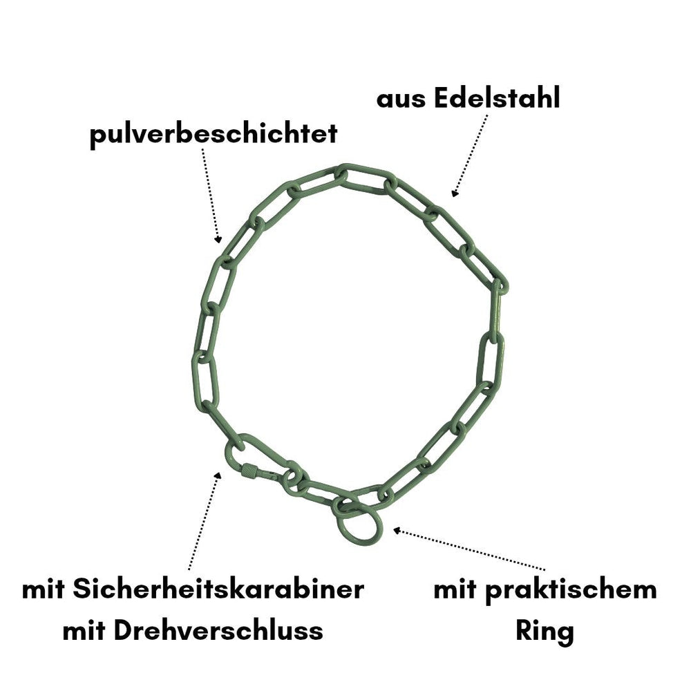 Grünes Woofchain Kettenhalsband aus pulverbeschichtetem Edelstahl mit Sicherheitskarabiner und praktischen Ring.