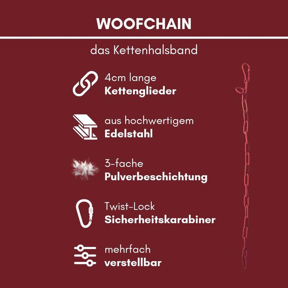 "WOOFCHAIN Kettenhalsband aus hochwertigem Edelstahl mit 4 cm Kettengliedern und 3-facher Pulverbeschichtung für Hunde."
