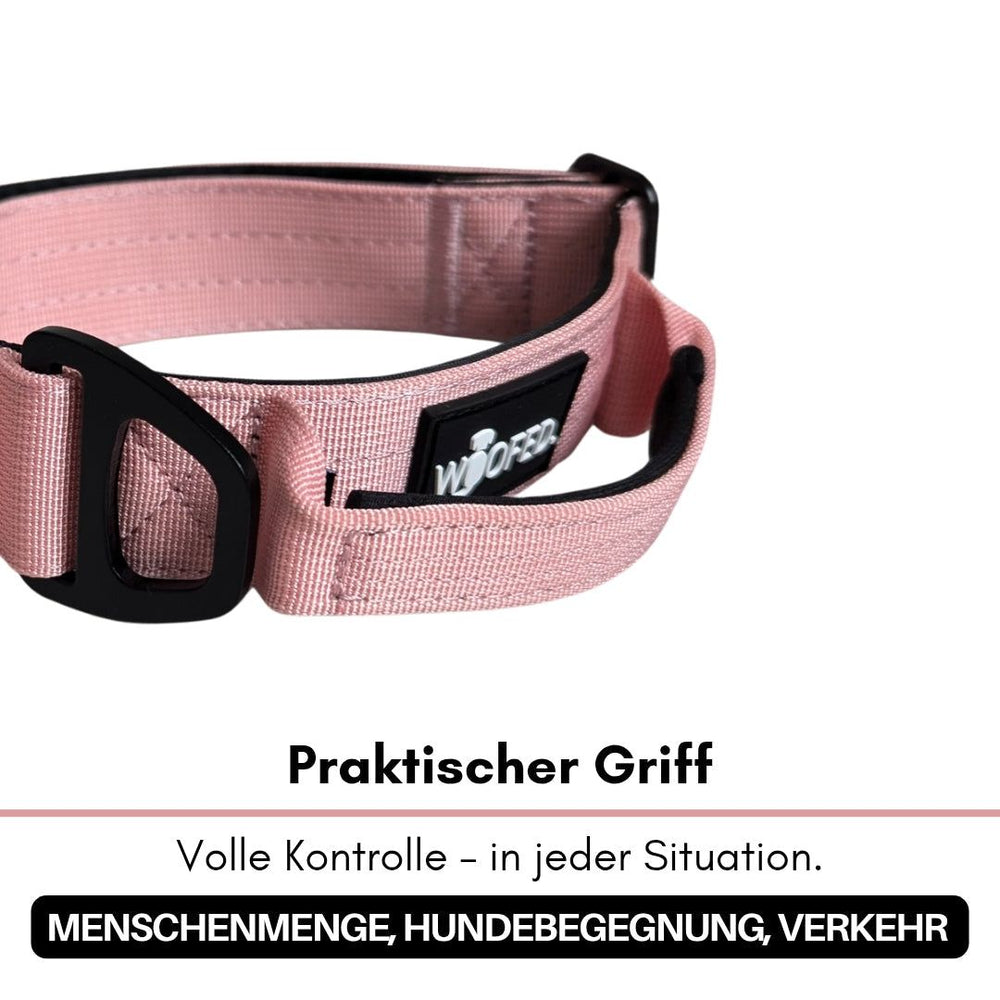 Ultraleichtes Nylon Halsband für Hunde in Rosa mit robustem Griff für einfache Handhabung in Menschenmengen. Markenname: woofers.