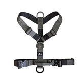 Graues Y-Hundegeschirr mit verstellbaren Schnallen und D-Ring für Leine, ideal für Sicherheit und Komfort beim Spaziergang.