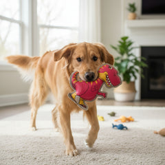 golden retriever Hund mit Dinosaurier-Spielzeug "Dino" im Maul, fröhlich in hellem Raum mit Teppich und Pflanzen