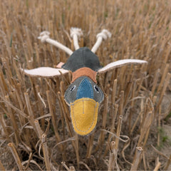 Nachhaltiges Hundespielzeug Ente Ella in bunten Farben auf Stroh, ideal zum Spielen, Kauen und Kuscheln für Hunde.