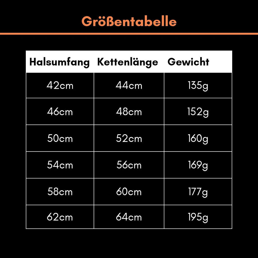 Größentabelle für Woofchain Kettenhalsband aus Edelstahl mit Halsumfang, Kettenlänge und Gewicht in modernem Design.