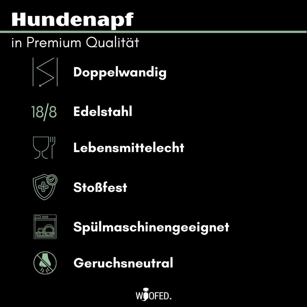 Premium Edelstahlnapf für Hunde, doppeltwandig, stoßfest, lebensmittelecht und spülmaschinengeeignet.
