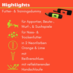 Futterdummy für Hunde in Neonfarben, ideal für Apportier- und Suchspiele, mit reflektierender Handschlaufe und Reißverschluss