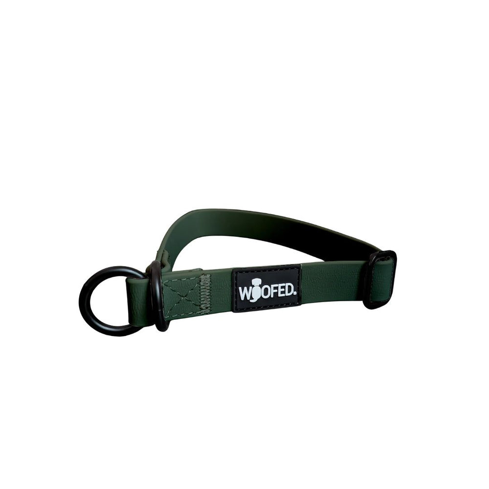 Grünes WOOFLEX® Hundehalsband aus strapazierfähigem Material mit D-Ring und verstellbarer Schnalle.
