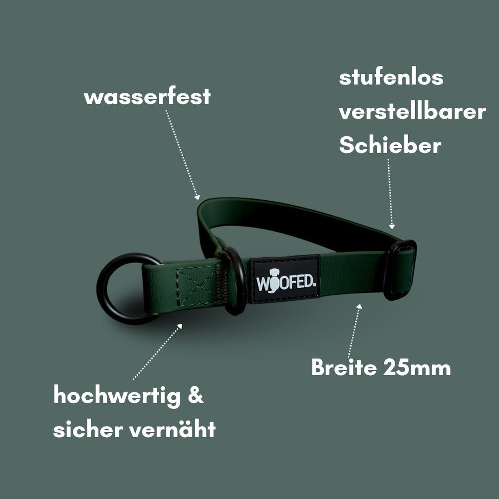 Grünes wasserfestes WOOFLEX® Zugstopphalsband mit verstellbarem Schieber und robusten, sicheren Nähten.