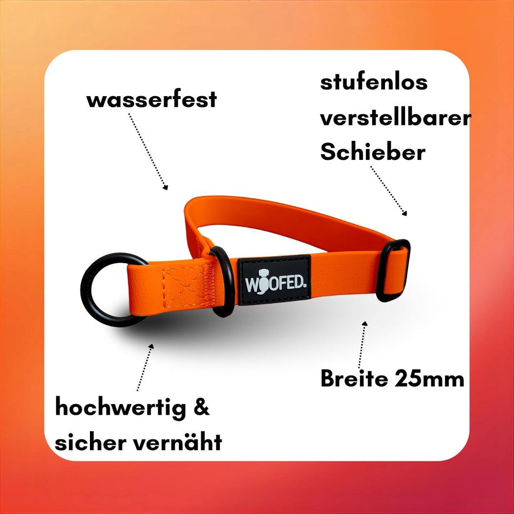 Stufenlos verstellbares, wasserfestes Hundehalsband WOOFLEX® in Orange, 25 mm breit, hochwertig vernäht.