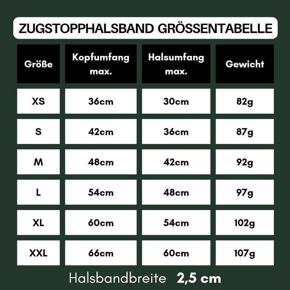 Größentabelle für Zugstopphalsband WOOFLEX® mit Maße für Kopf- und Halsumfang der Hunde.