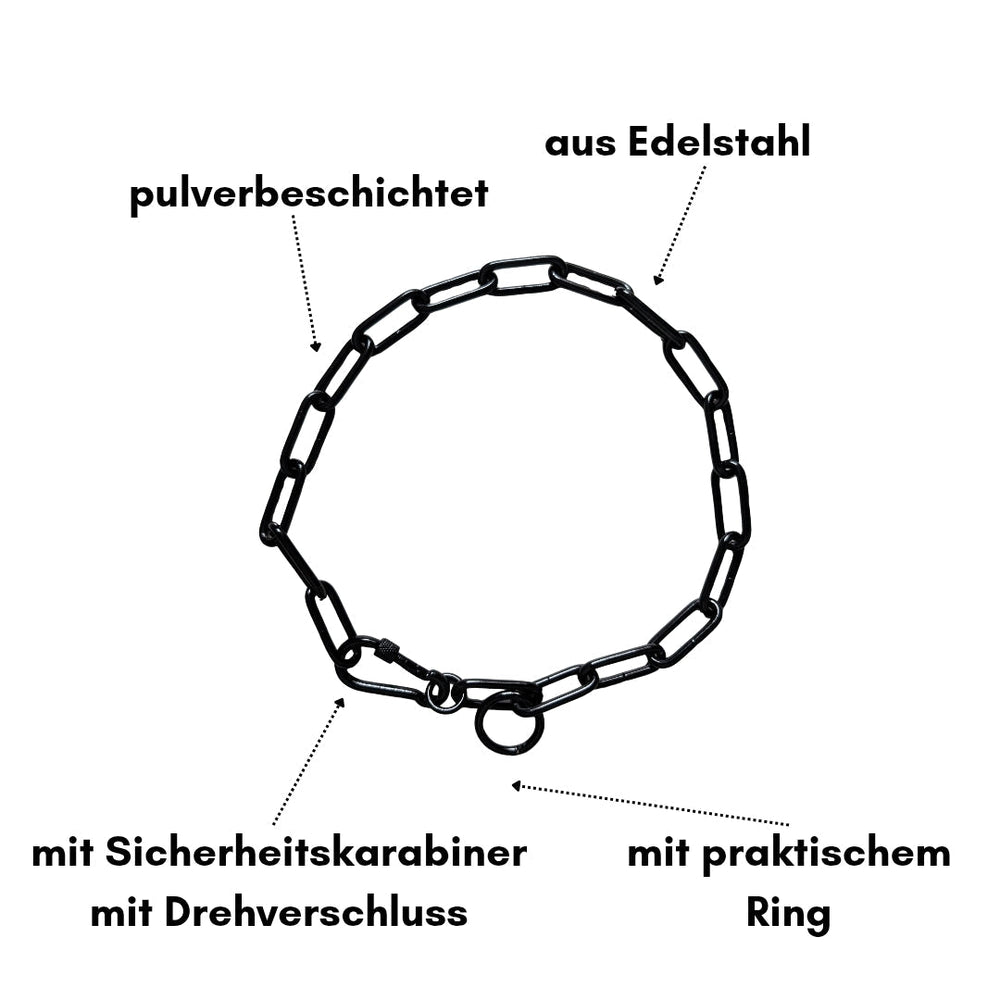 Schwarzes Edelstahl-Kettenhalsband für Hunde mit Sicherheitskarabiner und praktischem Ring. Ideal für Sicherheit und Stil.