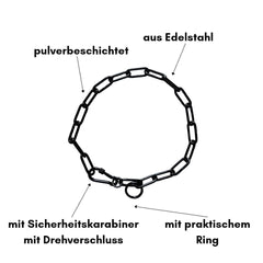 Schwarzes Edelstahl-Kettenhalsband für Hunde mit Sicherheitskarabiner und praktischem Ring. Ideal für Sicherheit und Stil.