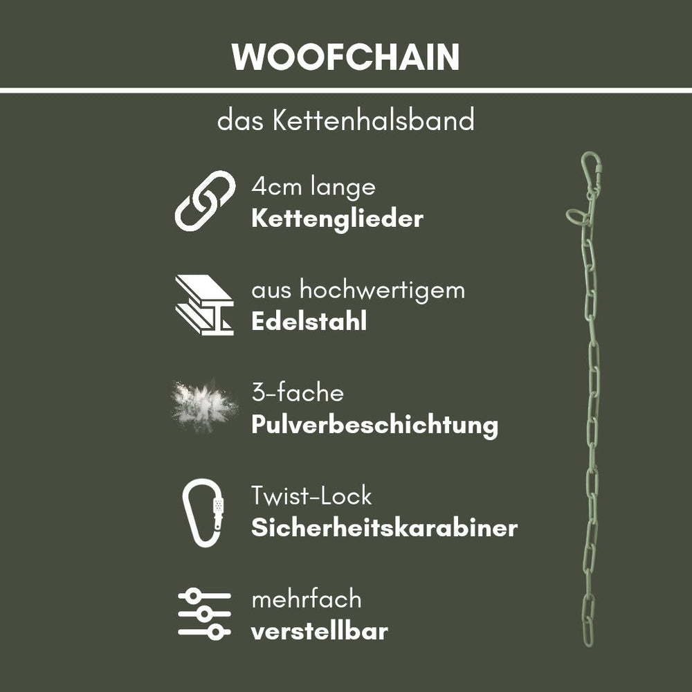 WOOFCHAIN Kettenhalsband aus Edelstahl mit langlebiger Pulverbeschichtung und 4 cm langen Kettengliedern.