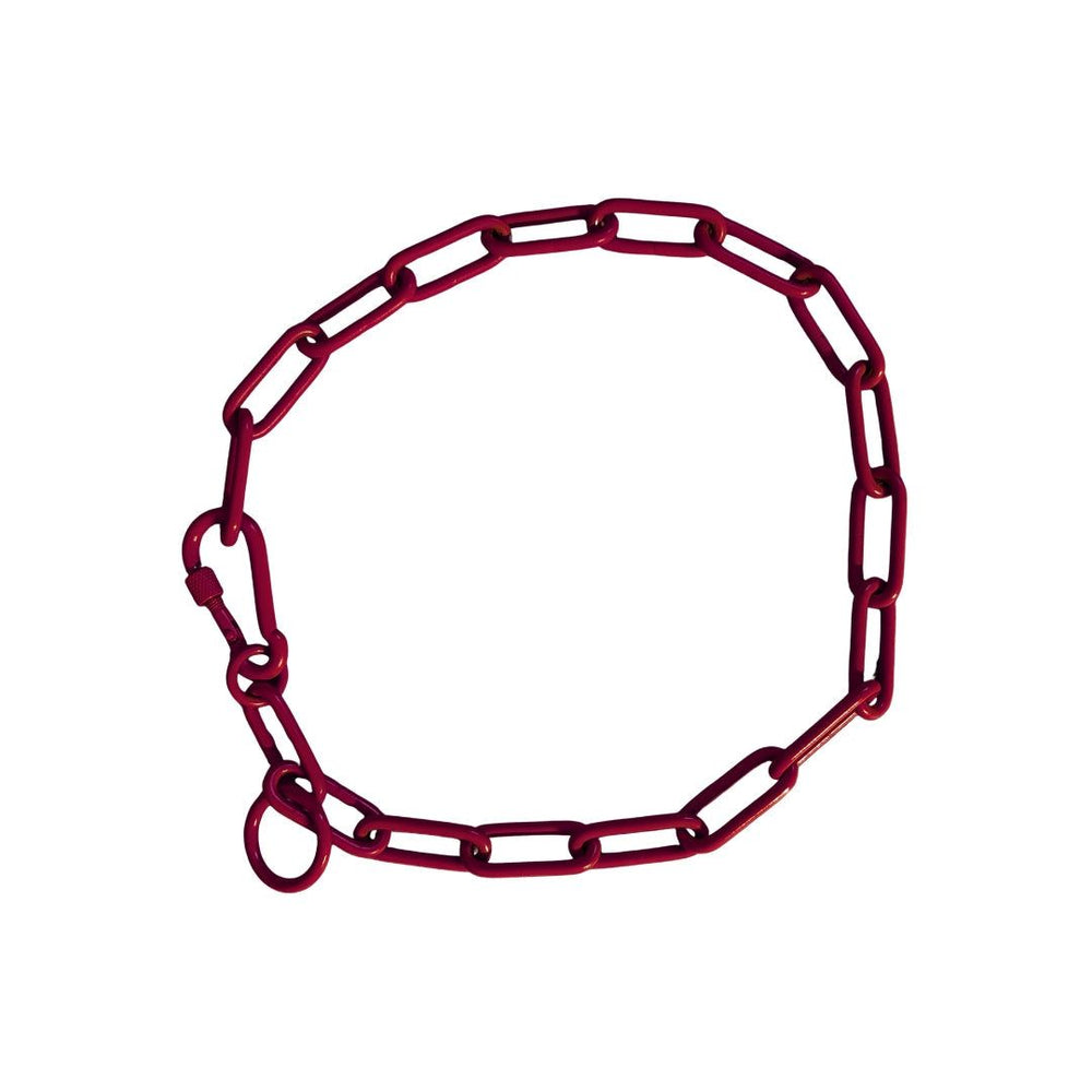 Rotes Kettenhalsband aus Edelstahl mit ovalen Gliedern, stabil und vielseitig einsetzbar als Schmuck oder Zubehör.