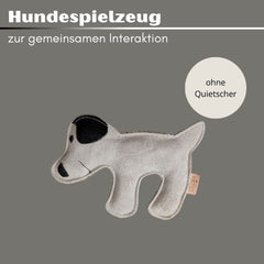Hundespielzeug in Hundeform, grau mit schwarzem Kopf, ideal für Interaktion ohne Quietscher, auf grauem Hintergrund.