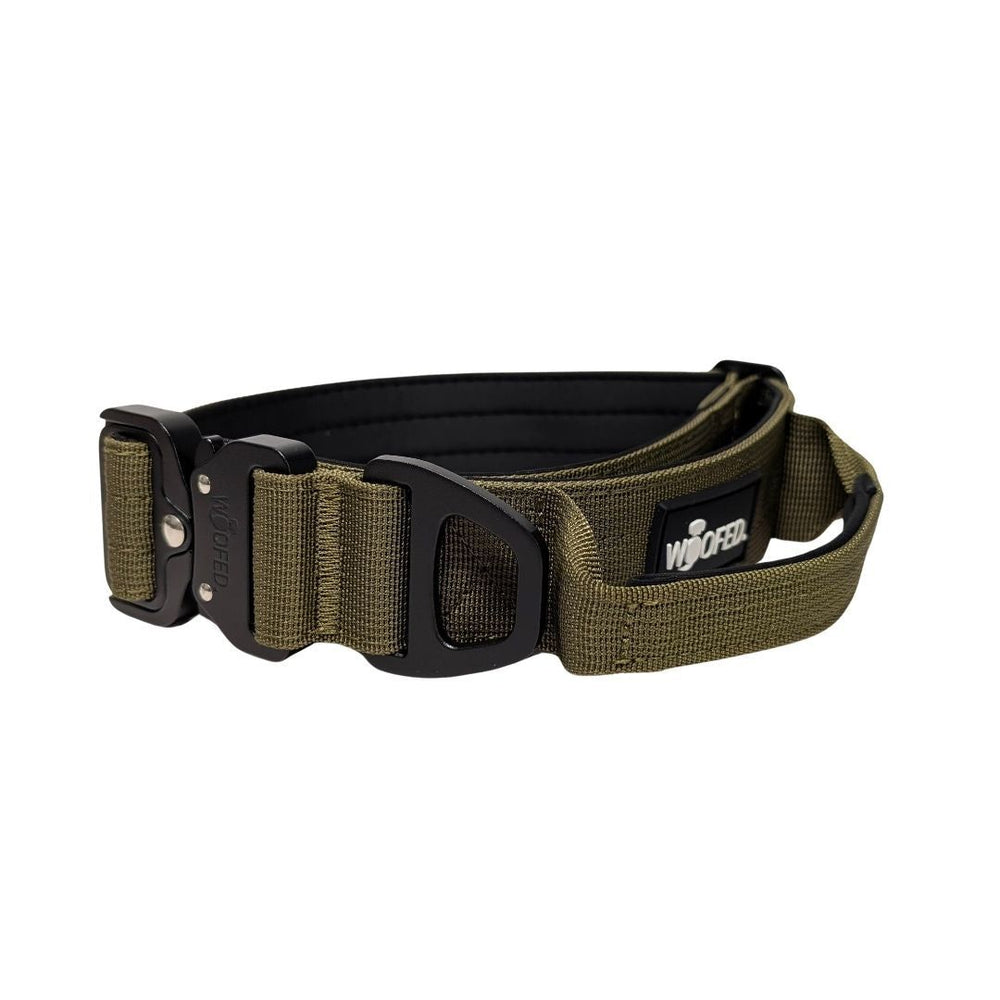"Ultraleichtes olivgrünes Nylon Halsband mit bequemen Griff und robuster Schnalle für Outdoor-Aktivitäten."