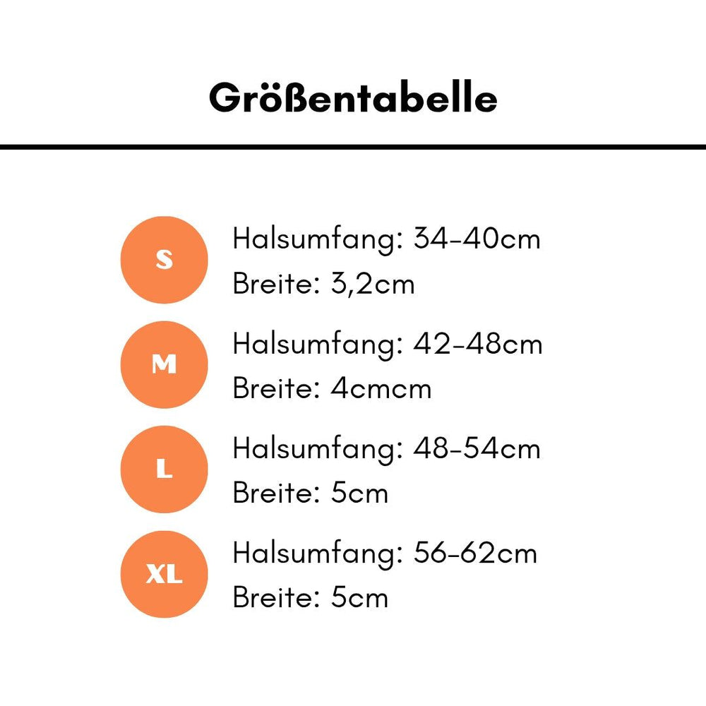 Größentabelle für WOOFED. Nylon Classic Halsband mit Größen S, M, L, XL und Halsumfang für optimale Passform.