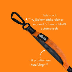 "Orange Jogging- und Wanderleine mit schwarzem Twist-Lock-Karabiner und praktischem Kurzführgriff."