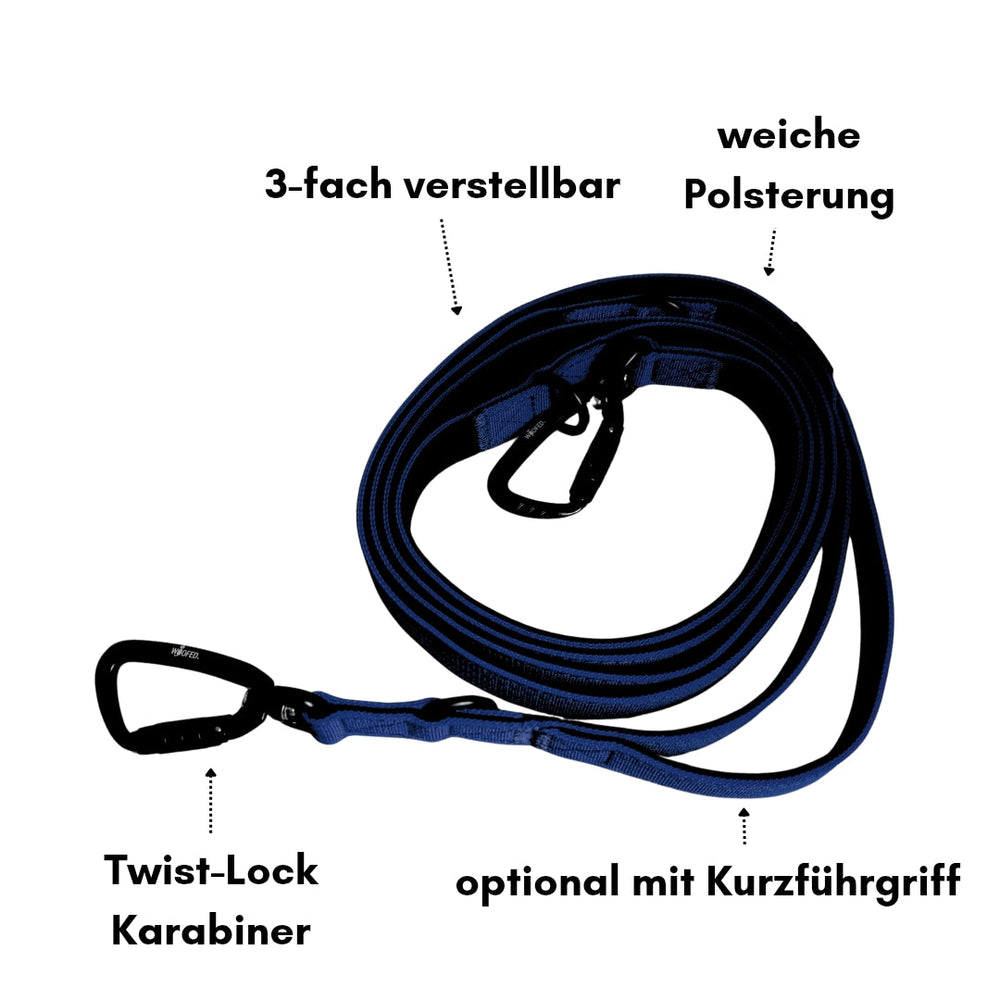Dunkelblaue 3-fach verstellbare Hundeleine mit weichem, gepolstertem Griff und Twist-Lock Karabiner für Sicherheit.