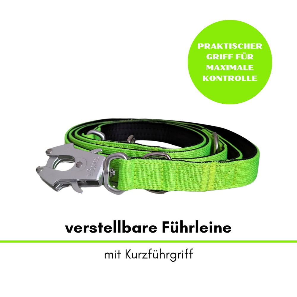 Verstellbare, leuchtend grüne Führleine mit Kurzgriff und sicherem Froschkarabiner für optimale Kontrolle.