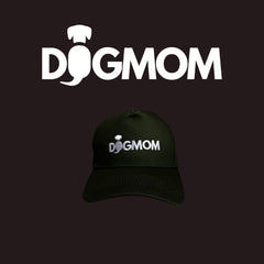 Schwarze Baseballcap "Dogmom" mit weißem, gesticktem Schriftzug und Hundesilhouette für Hundeliebhaber.