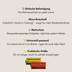 Leinen Banderole "Hund im Training" mit Klettverschluss, wetterfest und praktisch für Hundetraining und Spaziergänge.
