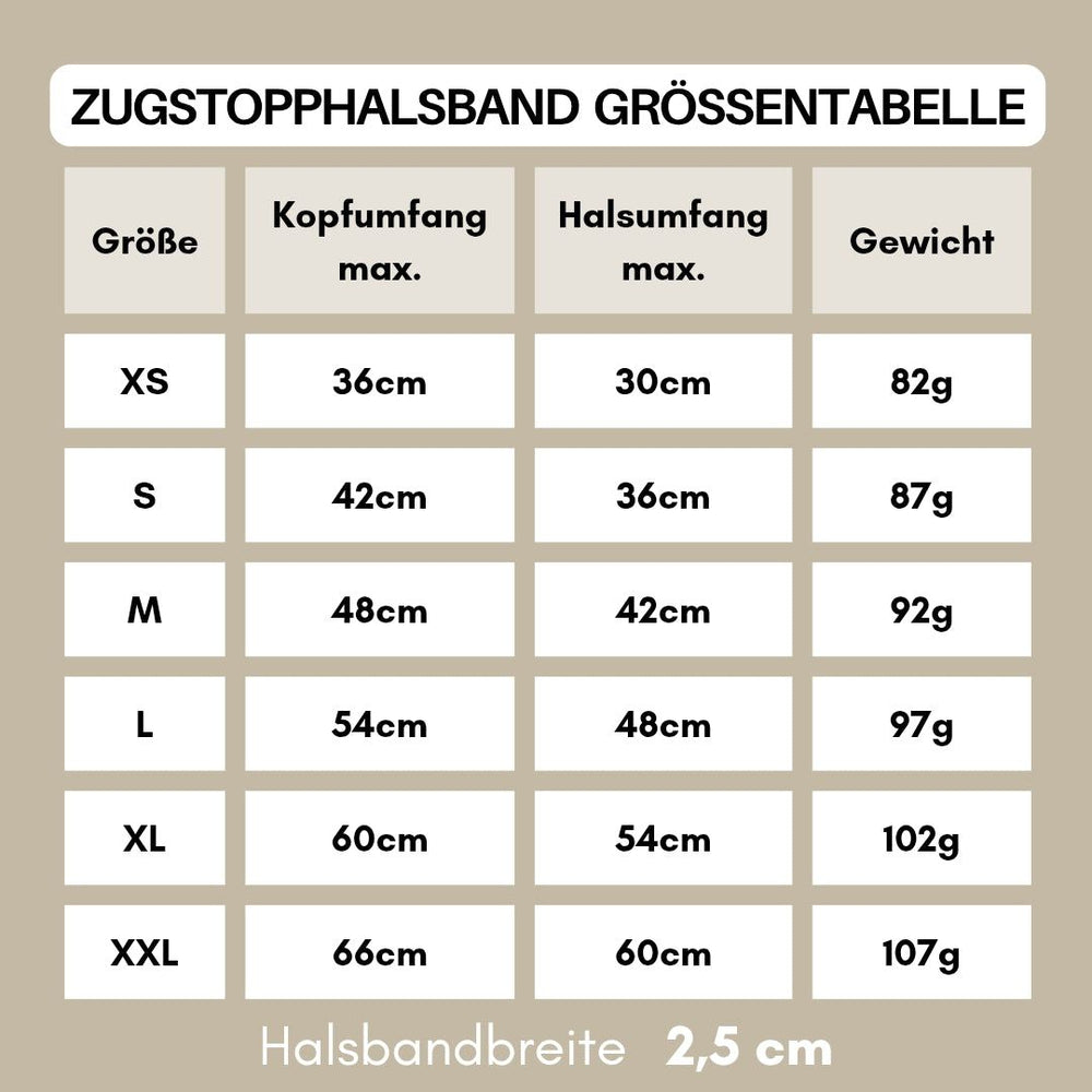 Größentabelle für das Zugstopphalsband WOOFLEX® mit Angaben zu XS bis XXL und deren Maßen.