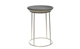 Moderner Hocker mit runder grauer Sitzfläche und goldfarbenem Metallgestell, ideal für die Vogeltränke.