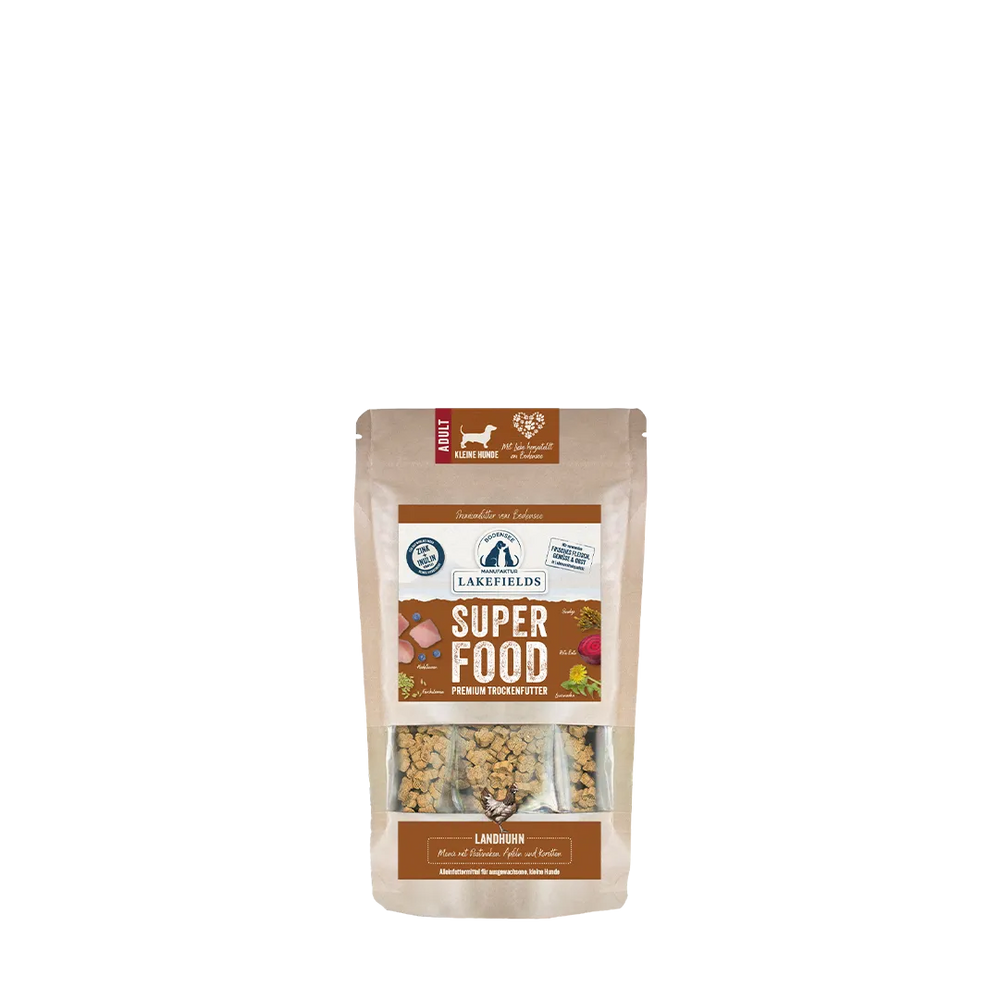 Packung von Lakefields Superfood Huhn für kleine Hunde mit Trockenfrüchten und natürlichen Zutaten.