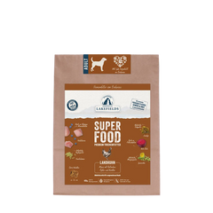 Packung mit Trockenfutter für Hunde "SUPERFOOD Huhn" von Lakefields in braunem Design.