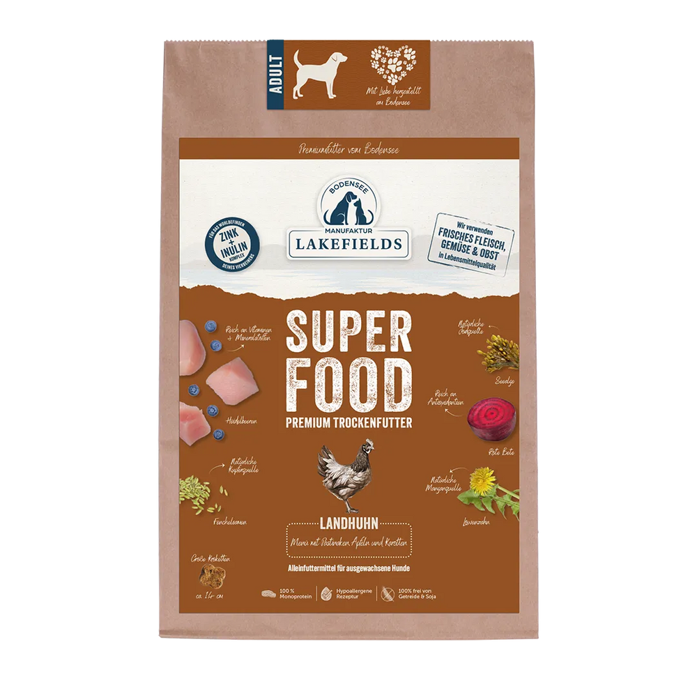Verpackung des Lakefields Trockenfutters "Superfood" mit Huhn für erwachsene Hunde in braunem Design.