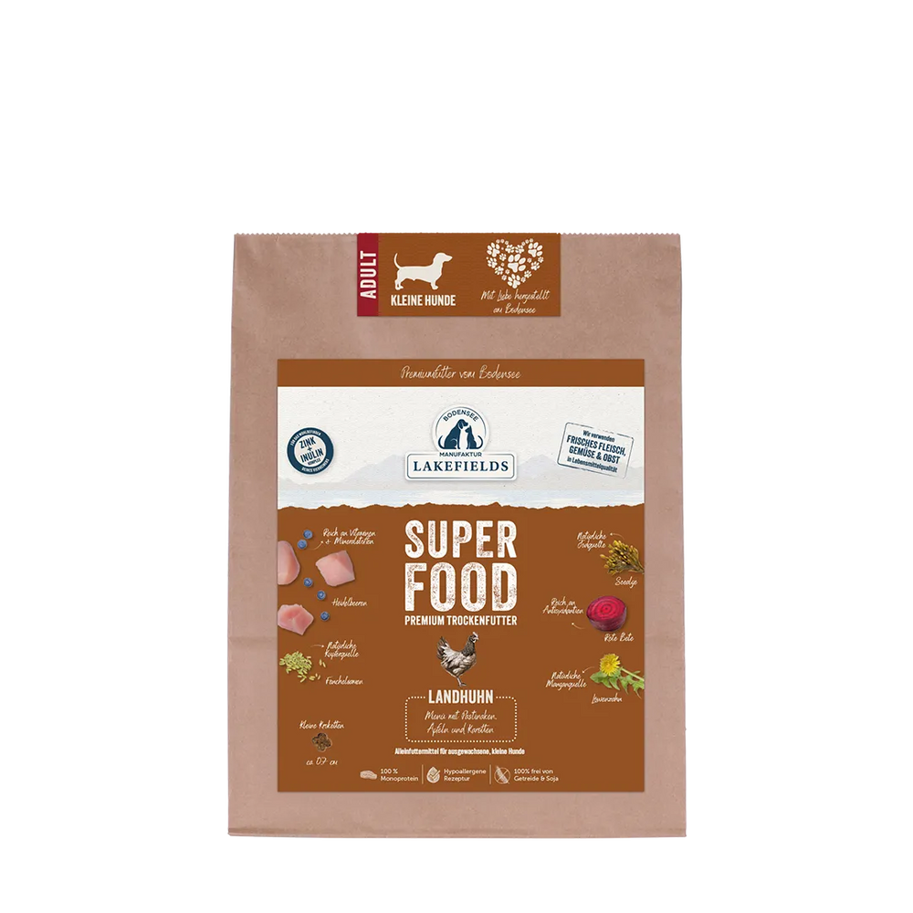 Premium-Hundetrockenfutter von Lakefields mit Landhuhn für mini Erwachsene, gekennzeichnet als Superfood.