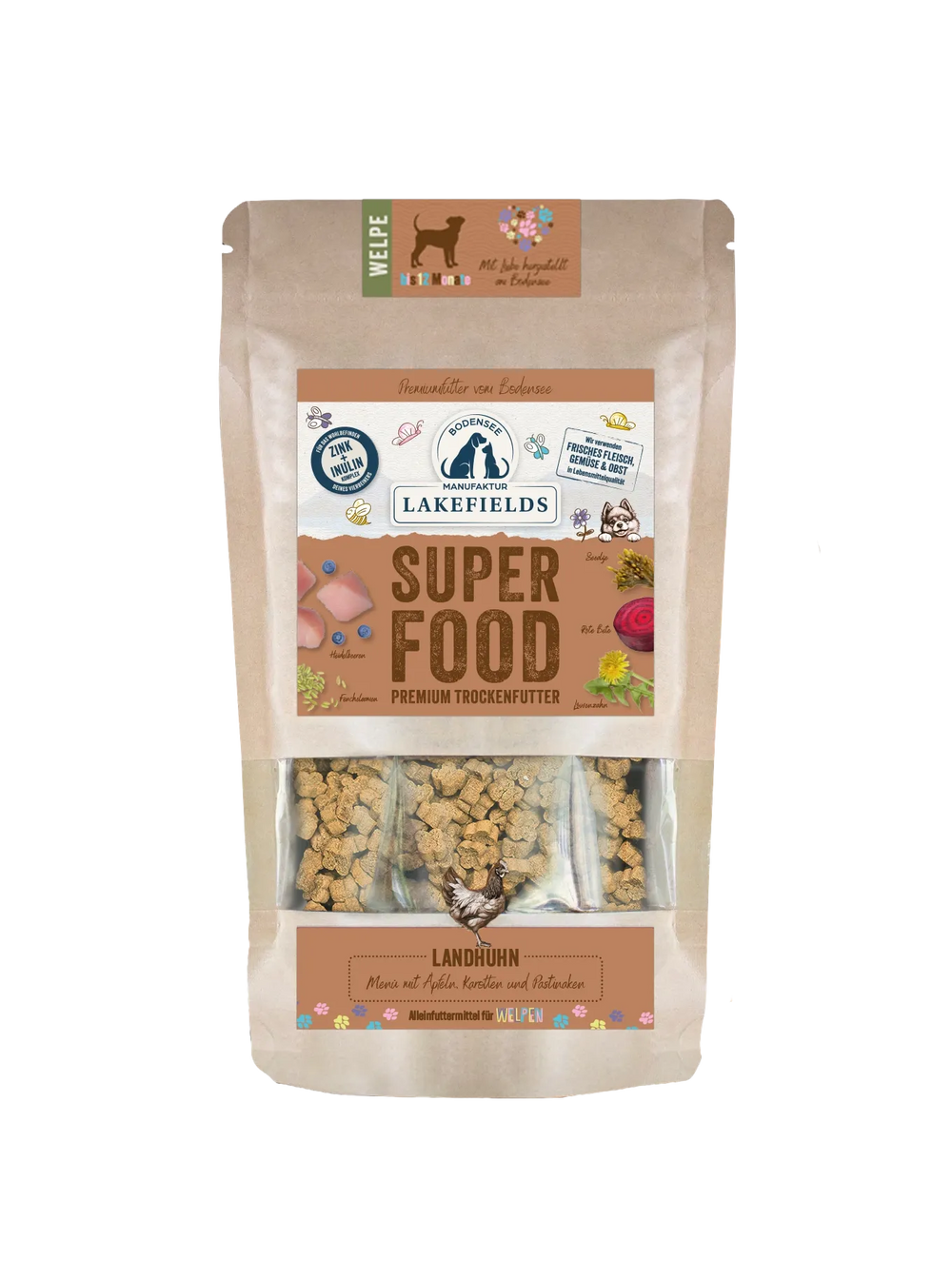 Verpackung von Lakefields SUPERFOOD Huhn für Welpen, aus kraftpapier mit transparentem Fenster für das Premium-Trockenfutter.