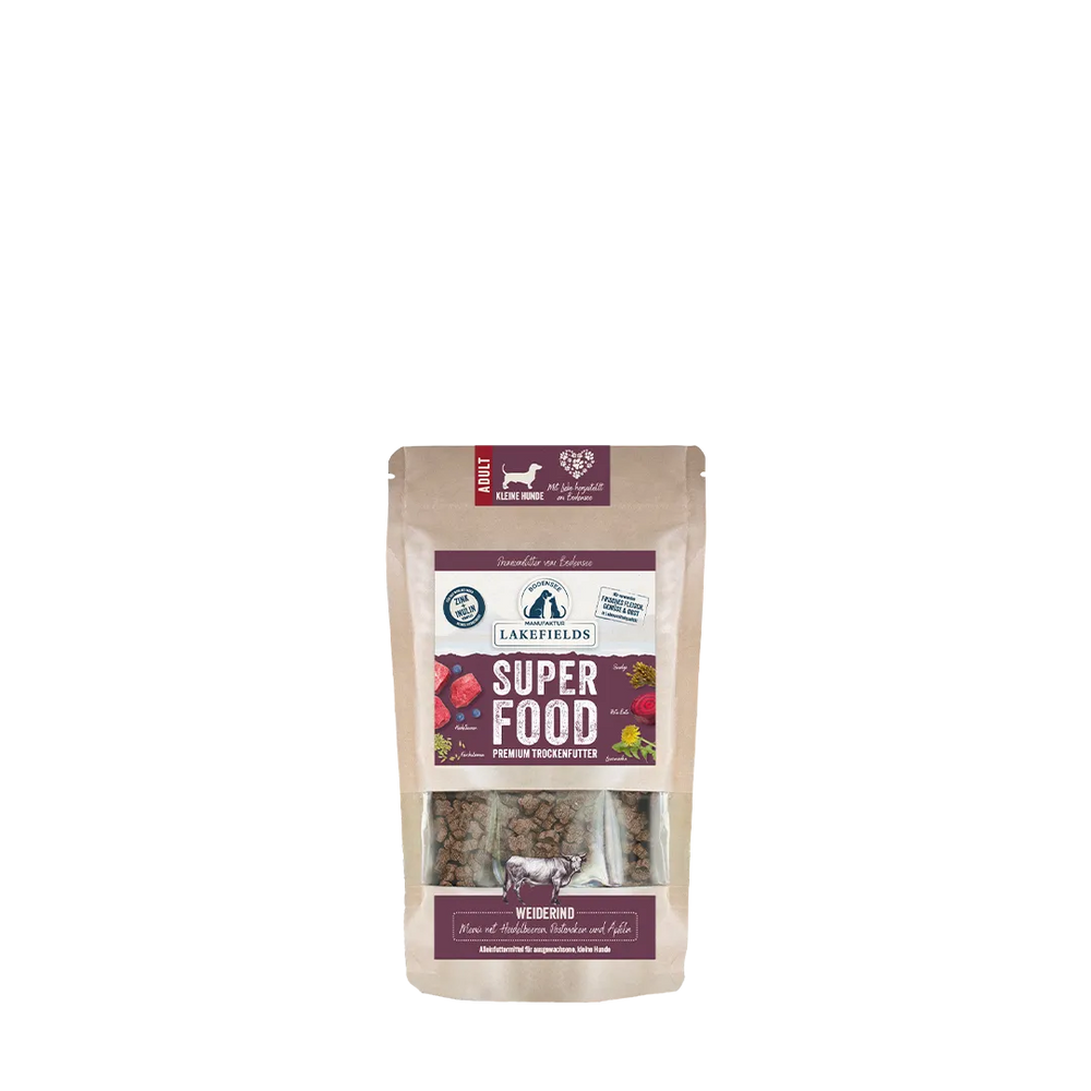 Verpackung von Lakefields Superfood Rind für Hunde, aus kraftpapier mit buntem Design und gesunden Zutaten.