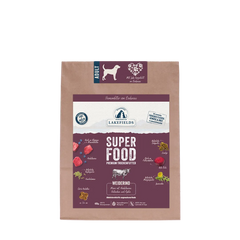 Verpackung von LAKEFIELDS SUPER FOOD Trockenfutter für Hunde mit Rind und modernen Designelementen.