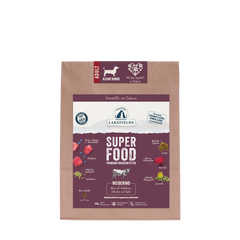 Verpackung von Lakefields SUPERFOOD Rind für kleine Hunde in lila-weißer Gestaltung aus kraftpapier.