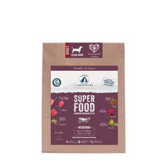 Verpackung von Lakefields SUPERFOOD Rind für kleine Hunde in lila-weißer Gestaltung aus kraftpapier.