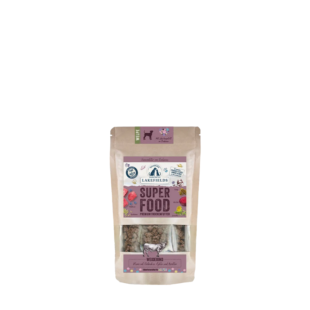Packung mit Trockenfutter für Welpen von Lakefields, aus kraftpapier, mit "SUPER FOOD" Aufdruck und Illustrationen.