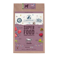 Verpackung von Lakefields SUPERFOOD Trockenfutter für Welpen mit bunten Zutaten und Hundemotiv.